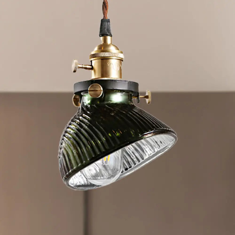 Rustic Industrial Green Ribbed Glass Pendant Light With Hanging Bowl Design