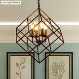 Rustic Iron Chandelier Pendant With 4 Lights - Vintage Loft Hanging Lamp For Restaurants Cubic Cage
