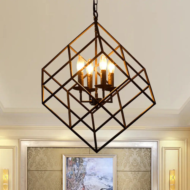 Rustic Iron Chandelier Pendant With 4 Lights - Vintage Loft Hanging Lamp For Restaurants Cubic Cage