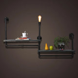 Rustic Iron Wall Lamp With Water Pipe Shelf For Restaurants - Black Finish / Medium