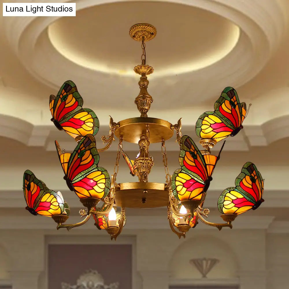 Rustic Lodge Butterfly Chandelier: 9-Light Stained Glass Pendant In Red/Blue For Foyer