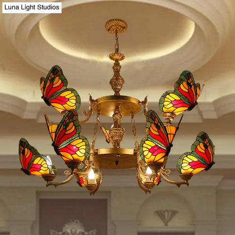 Rustic Lodge Butterfly Chandelier: 9-Light Stained Glass Pendant In Red/Blue For Foyer