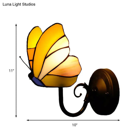 Rustic Lodge Butterfly Wall Sconce - Stained Glass Decorative Light For Bedroom