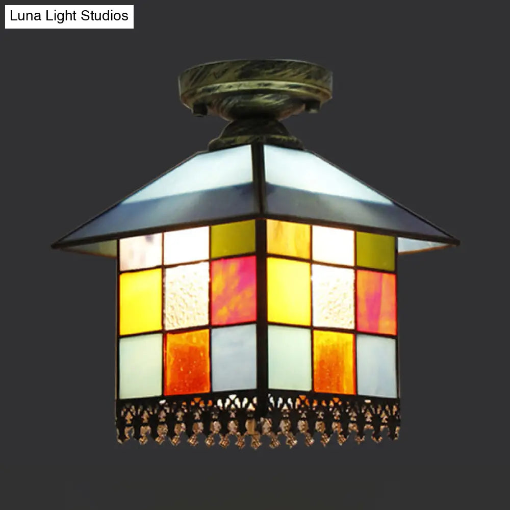 Rustic Lodge Stained Glass Flush Mount Lamp - 1-Head House Lighting In Black/Blue/Brass