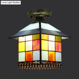 Rustic Lodge Stained Glass Flush Mount Lamp - 1-Head House Lighting In Black/Blue/Brass