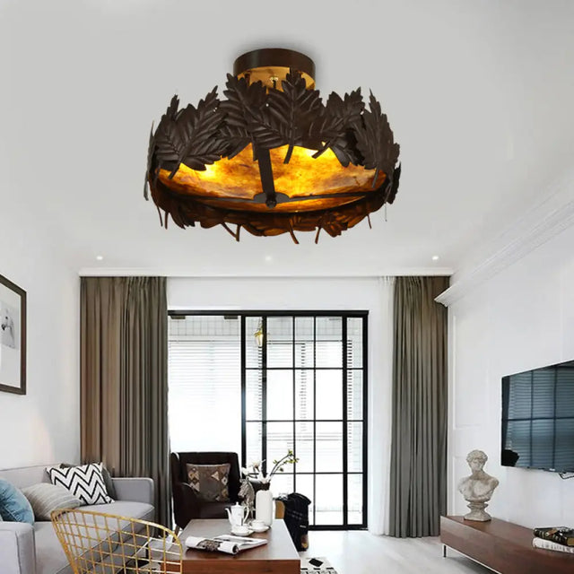 Rustic Maple Leaf Metal Semi Flush 3 - Light Ceiling Fixture In Bronze For Living Room Brown