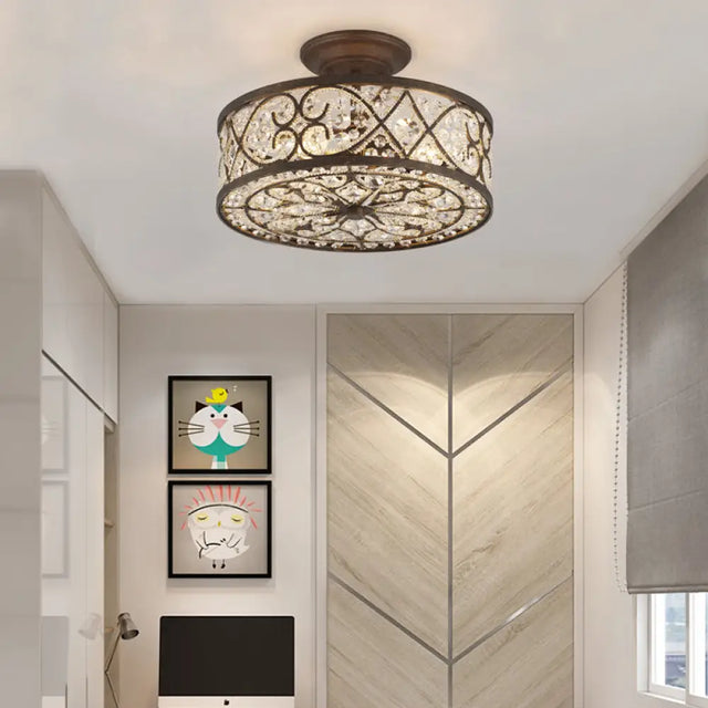 Rustic Metal And Crystal Drum Bedroom Ceiling Light Fixture - Semi Flush 3 Lights Rust