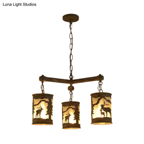 Rustic Metal And Fabric Chandelier Light With 3/6/9 Cylinder Lights Brown Pendant Lighting For