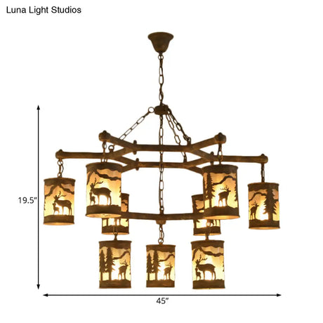 Rustic Metal And Fabric Chandelier Light With 3/6/9 Cylinder Lights Brown Pendant Lighting For