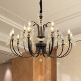 Rustic Metal Black Candle Chandelier: Elegant 12/15-Light Living Room Hanging Lamp With Crystal