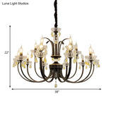 Rustic Metal Black Candle Chandelier: Elegant 12/15-Light Living Room Hanging Lamp With Crystal