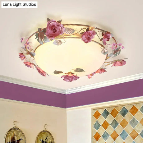 Rustic Metal Bowl Ceiling Lamp With Flower Decor - Flush Mount Light Fixture For Dining Room White
