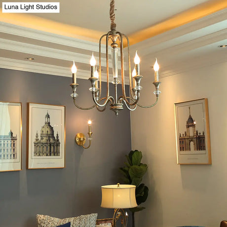Rustic Metal Chandelier: 6-Light Candle Pendant With Aged Silver Finish - Ideal For Living Room