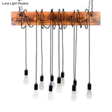 Rustic Metal Island Lighting With Wooden Beam - Multi Light Suspension Chandelier In Black/Antique