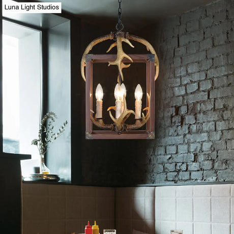 Rustic Metal Rectangle Frame Pendant Chandelier - Red Brown Finish 4/8 Lights Ideal For Dining Room