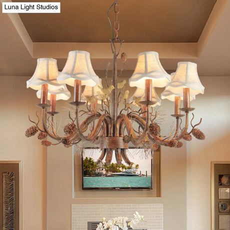 Rustic Metal Scalloped Pendant Chandelier - Brown 8 Lights With White Fabric Shade And Pinecone
