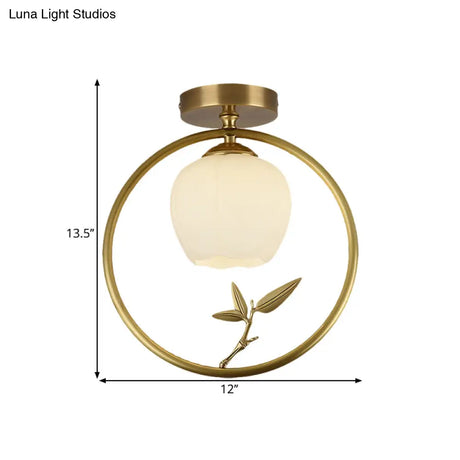 Rustic Opal Glass & Brass Ceiling Lamp With Peacock Decor