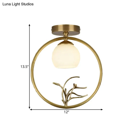 Rustic Opal Glass & Brass Ceiling Lamp With Peacock Decor