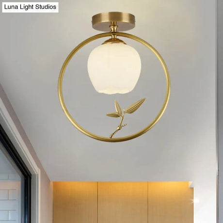 Rustic Opal Glass & Brass Ceiling Lamp With Peacock Decor