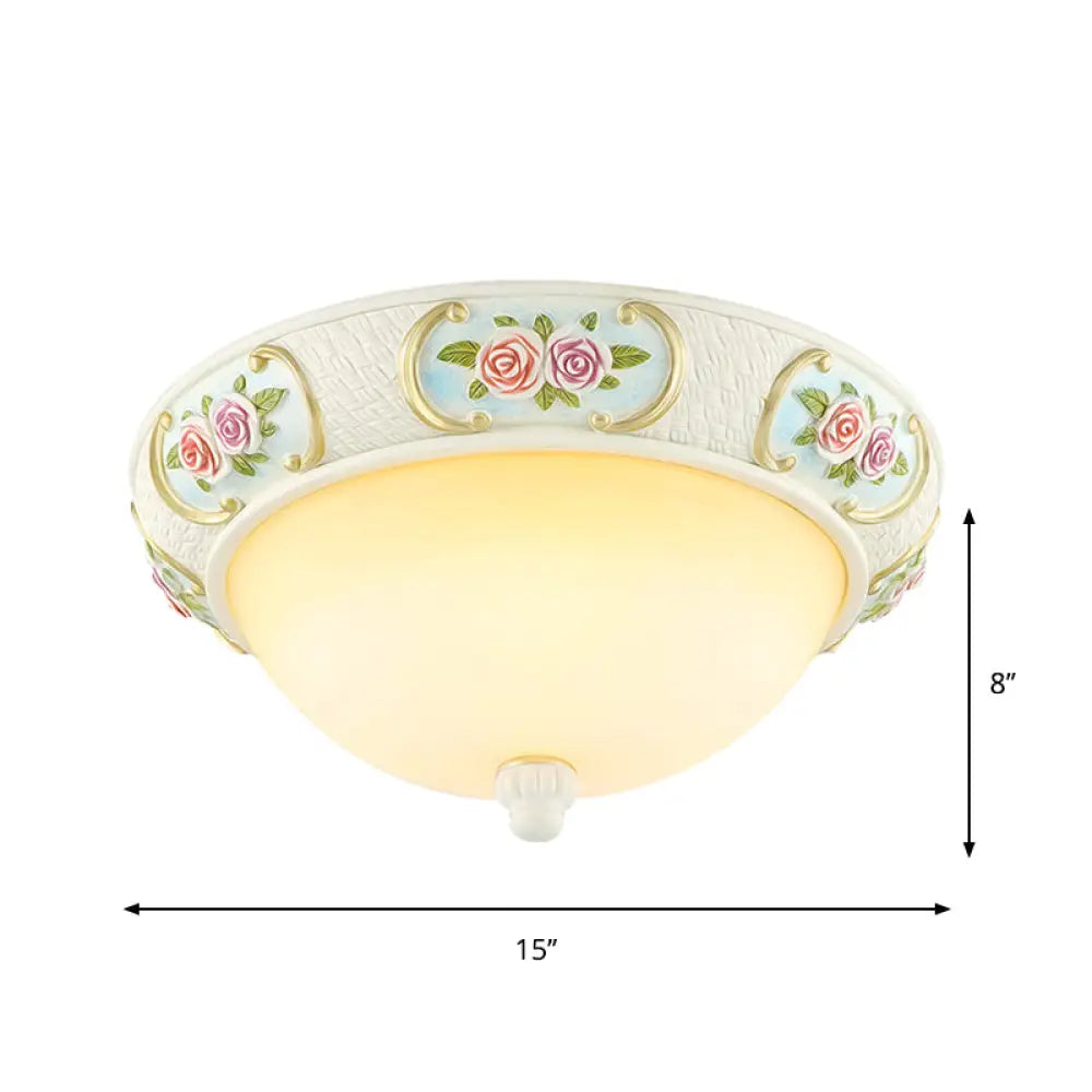 Rustic Opal Glass Dome Ceiling Flush Light White 15/19 W 3-Bulb Flushmount For Dining Room With Rose