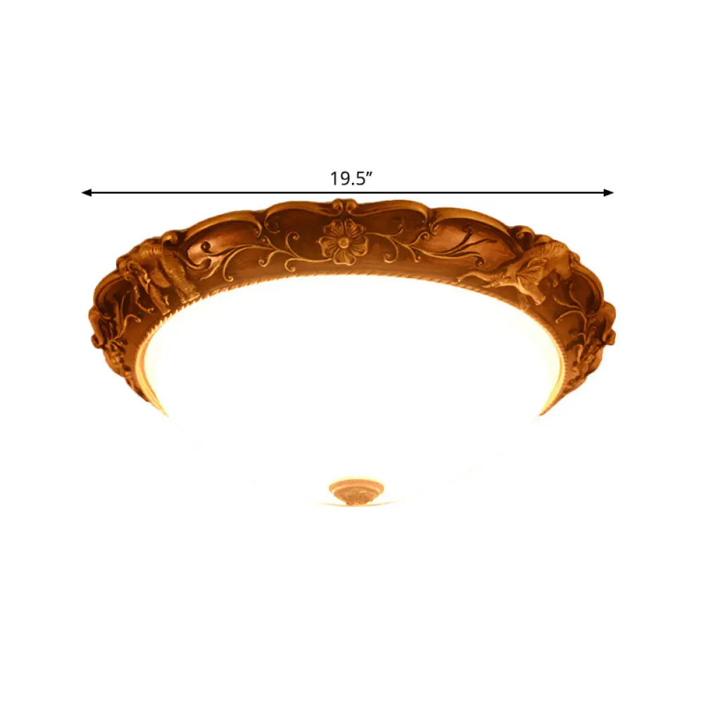 Rustic Opaline Glass Flush Lamp With Elephant Trim And Carving Flower - 16/19.5 W 3-Bulb Ceiling