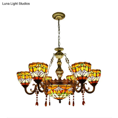 Rustic Orange Tiffany Chandelier With Flower Stained Glass And Agate Pendant For Living Room