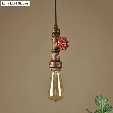 Rustic Pipe Hanging Lamp: Farmhouse Style Wrought Iron Light Fixture With Red Valve -