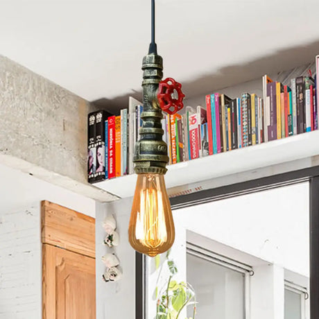 Rustic Pipe Hanging Lamp: Farmhouse Style Wrought Iron Light Fixture With Red Valve -