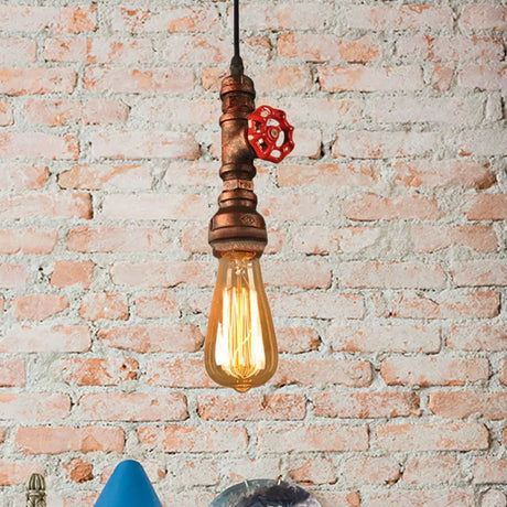 Rustic Pipe Hanging Lamp: Farmhouse Style Wrought Iron Light Fixture With Red Valve -