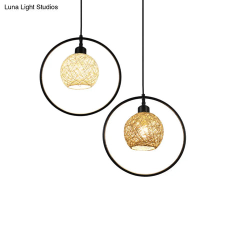Rustic Rattan Ball Shade Hanging Light - Beige/White Single Pendant Lamp With Black Metal Ring