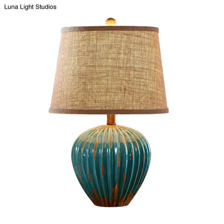 Rustic Red/Blue Ceramic Table Lamp With Tapered Drum Shade