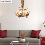 Rustic Resin Hanging Lamp - Candle Living Room Pendant Light With 4/6/12 Bulbs Pink/Green Chandelier