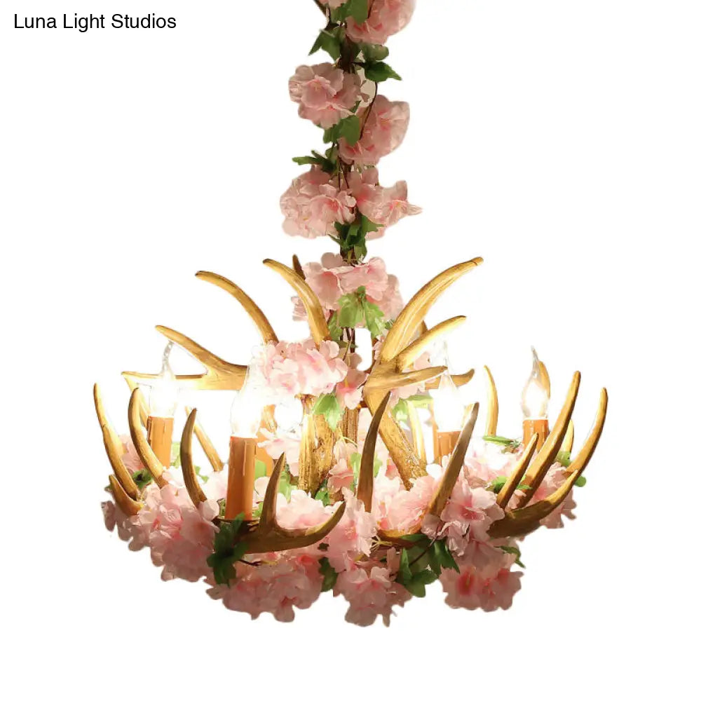 Rustic Resin Hanging Lamp - Candle Living Room Pendant Light With 4/6/12 Bulbs Pink/Green Chandelier