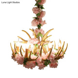 Rustic Resin Hanging Lamp - Candle Living Room Pendant Light With 4/6/12 Bulbs Pink/Green Chandelier