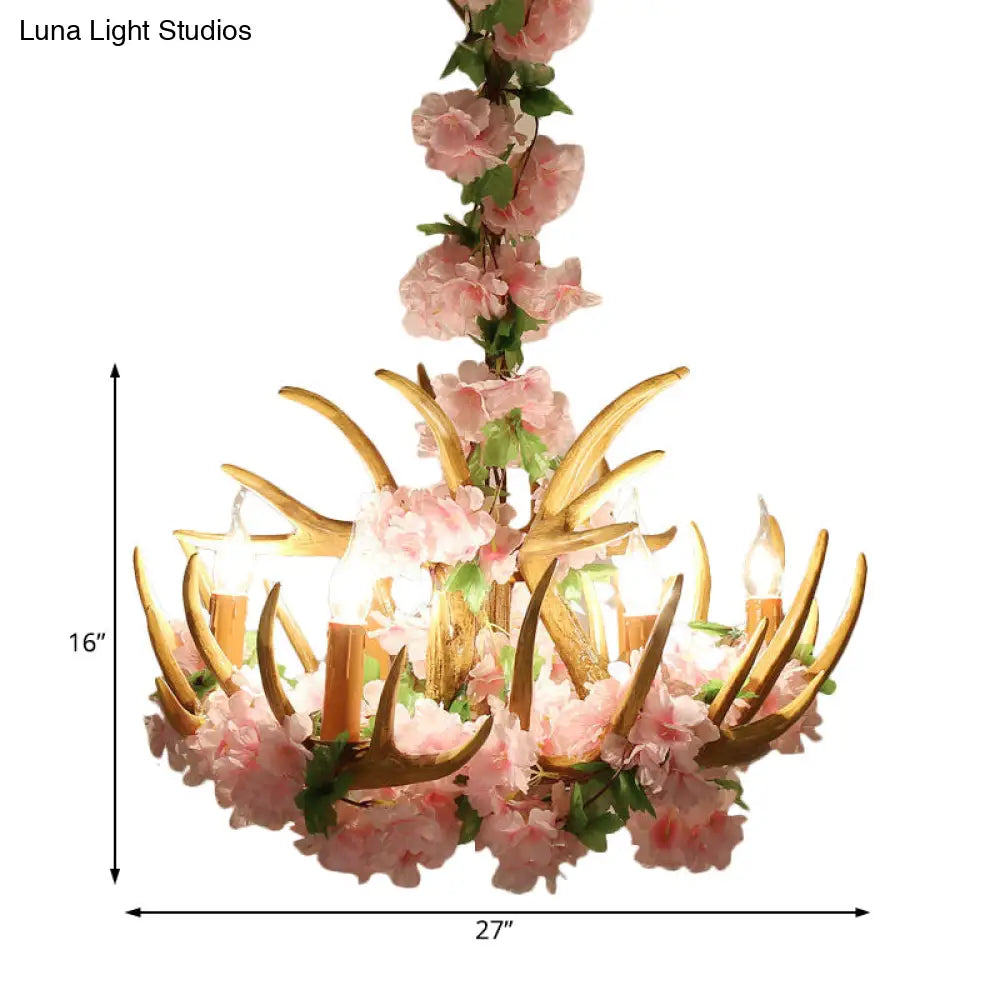 Rustic Resin Hanging Lamp - Candle Living Room Pendant Light With 4/6/12 Bulbs Pink/Green Chandelier