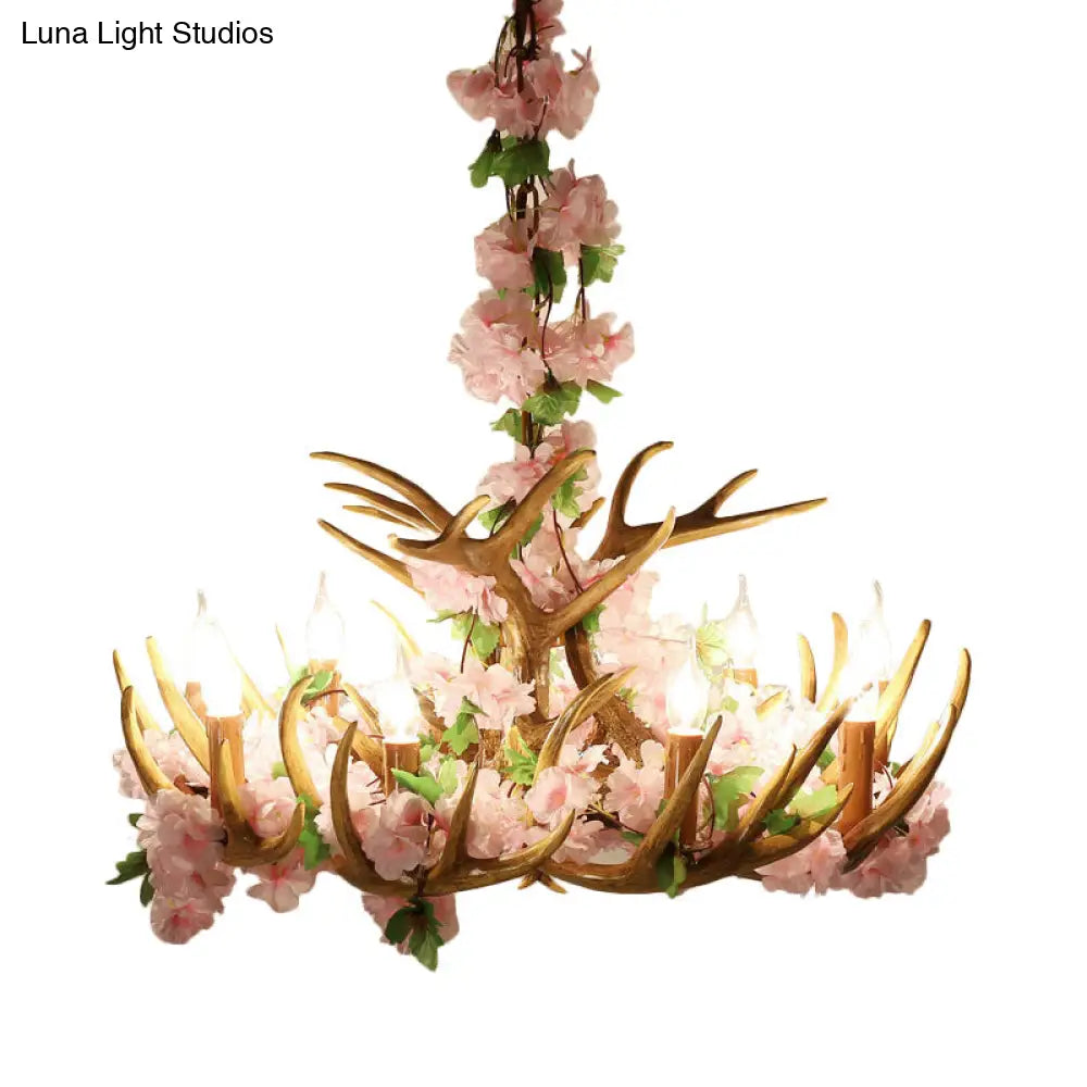 Rustic Resin Hanging Lamp - Candle Living Room Pendant Light With 4/6/12 Bulbs Pink/Green Chandelier