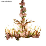 Rustic Resin Hanging Lamp - Candle Living Room Pendant Light With 4/6/12 Bulbs Pink/Green Chandelier