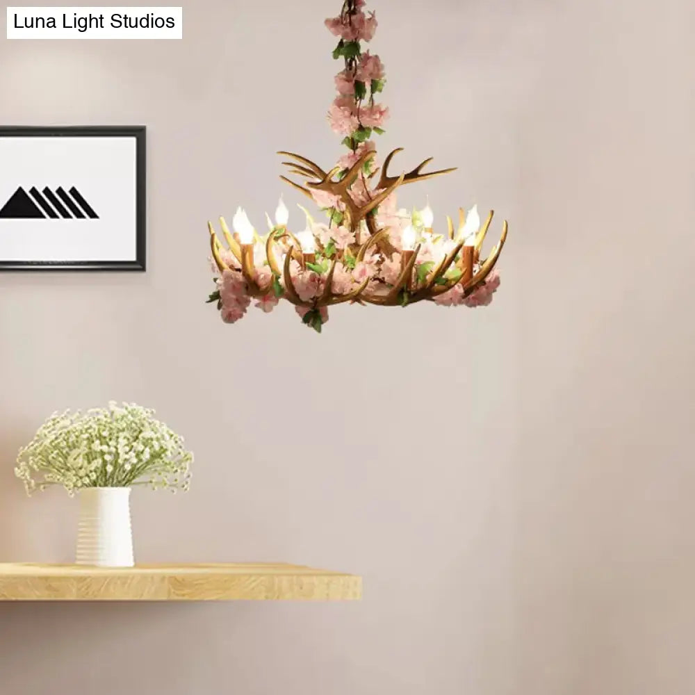 Rustic Resin Hanging Lamp - Candle Living Room Pendant Light With 4/6/12 Bulbs Pink/Green Chandelier