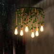 Rustic Restaurant Pendant Light Fixture With Wheel Iron Chandelier And Plant Decor 6 / Green