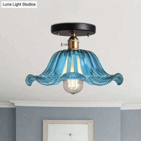 Rustic Ribbed Glass Scalloped Semi Flush Light Red/Blue/Clear 8’/10’/12’ Wide