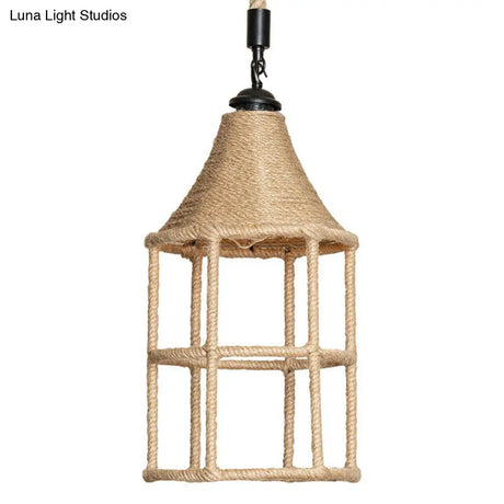 Rustic Rope Pendant Light For Dining Room - Booth Shaped Design Brown Finish Suspended Lighting