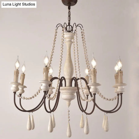 Rustic Scrolled Arm Pendant Light: Distressed Wood Chandelier For Living Room