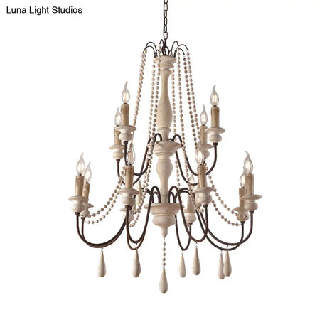 Rustic Scrolled Arm Pendant Light: Distressed Wood Chandelier For Living Room