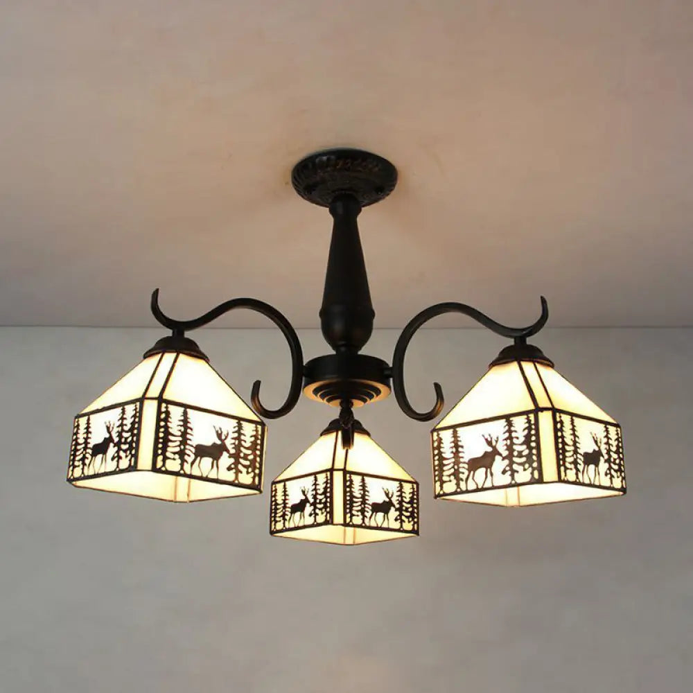 Rustic Stained Glass Ceiling Light Fixture With Geometric Semi Flush Design – 3 Heads