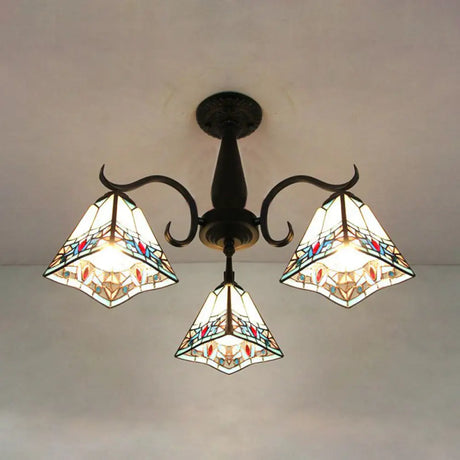 Rustic Stained Glass Ceiling Light Fixture With Geometric Semi Flush Design – 3 Heads