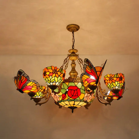 Rustic Stained Glass Chandelier With Butterfly And Sunflower Accents - Red / Rose
