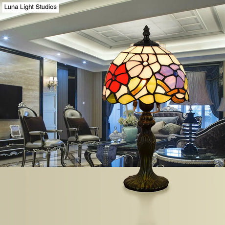 Rustic Stained Glass Flower Pattern Accent Table Lamp - Bedside Lighting
