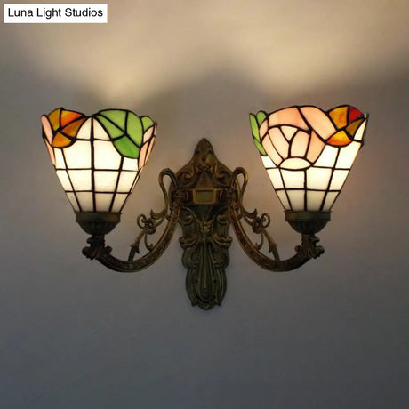 Rustic Stained Glass Wall Light - 2 Lights Orange/Pink/Blue/Beige Library & Living Room Sconce