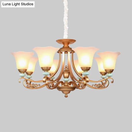 Rustic Style Gold Milky Glass Ceiling Chandelier With Suspended Lighting Pendant - 3/6/8 Heads