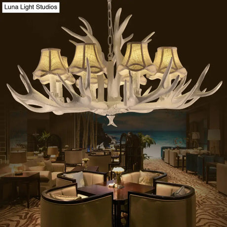 Rustic Style Resin Chandelier With 8 Heads White Cone Shade And Antler Detail - Living Room Pendant